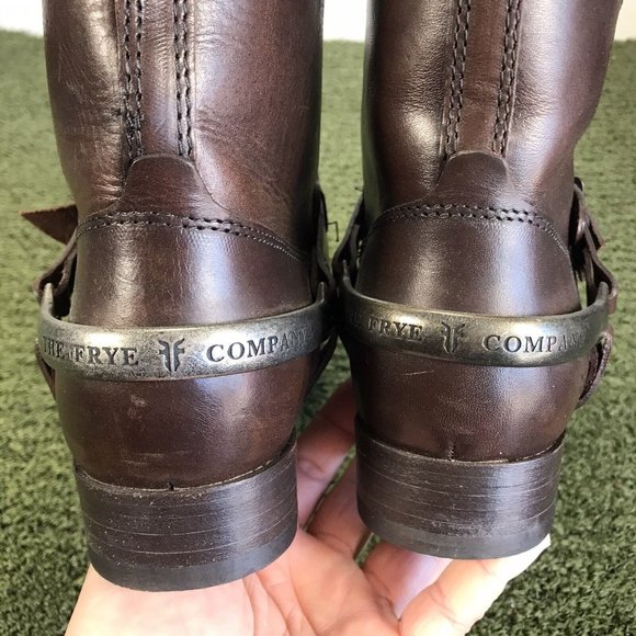 Frye Womens Motorcycle Boots Brown Leather Straps Metal Harness Mid Calf 8 B - Picture 7 of 10